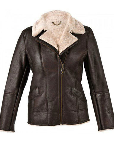 Glowrexs Womens Sheepskin Brown Leather Shearling Jacket