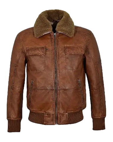 Mens Brown Fur Shearling Collar Bomber Leather Jacket