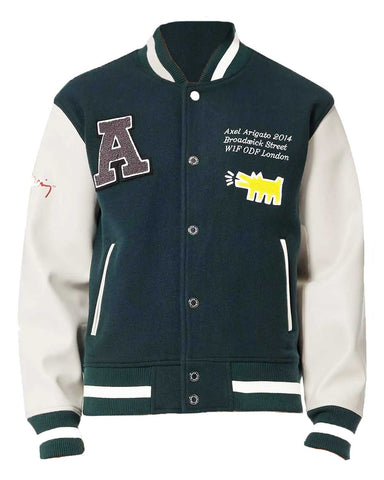 Glowrexs Axel Arigato Keith Haring Green and White Letterman Jacket