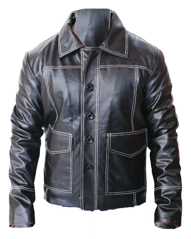 Glowrexs Brad Pitt Fight Club Black Leather Jacket