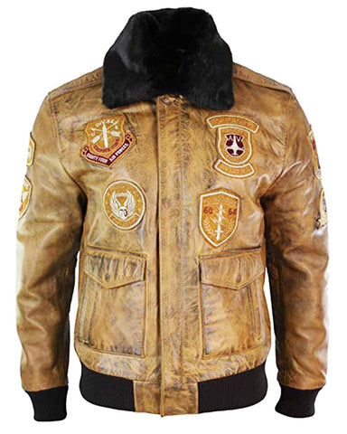 Glowrexs Men’s Aviator Tan Bomber Jacket With Patches