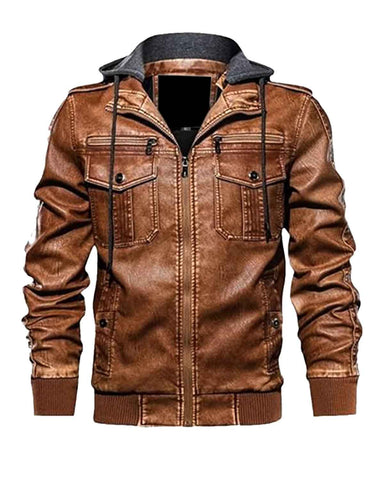 Mens Classic Brown Retro Leather Biker Hooded Jacket