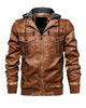 Mens Classic Brown Retro Leather Biker Hooded Jacket