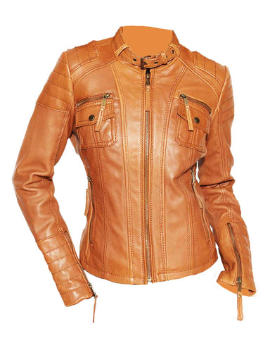 Glowrexs Women’s Buckle Collar Biker Quilted Leather Jacket