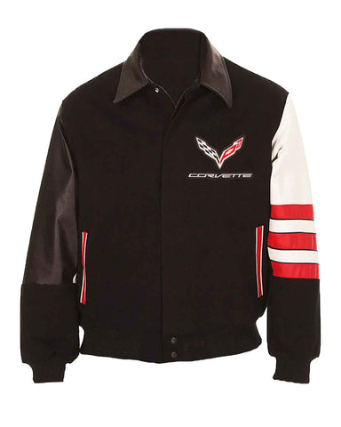 Glowrexs Embroidered Corvette Black Varsity Wool & Leather Jacket