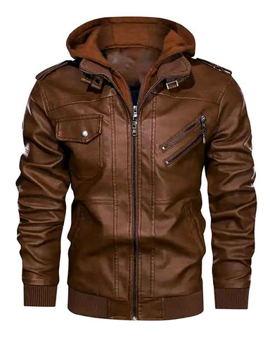 Mens Brown Genuine Distressed Leather Hooded Jacket