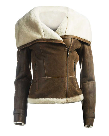Glowrexs Women Fur Collar Brown Leather Jacket