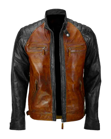 Mens Brown And Black Leather Quilting Vintage Biker Jacket