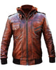 Men’s Slim Fit Bomber Hoodie Vintage Brown Biker Genuine Leather Jacket