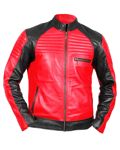 Glowrexs Men’s Padded Red and Black Sheepskin Leather Biker Jacket