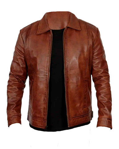 Glowrexs Men’s Shirt Collar Brown Racer Leather Jacket
