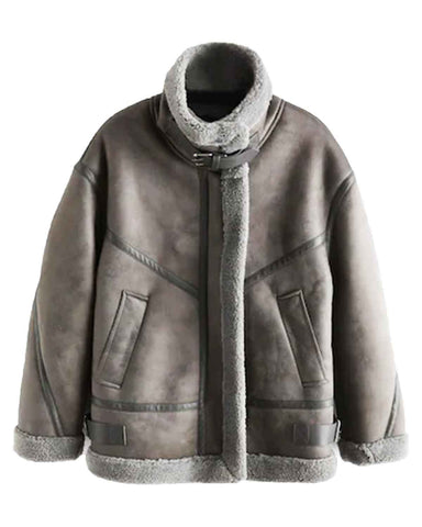 Glowrexs Grey Faux Suede Longline Aviator Jacket
