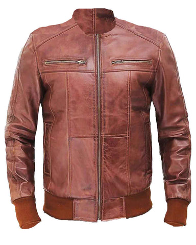 Glowrexs Steven Men's Dark Brown Bomber Distressed Leather Jacket
