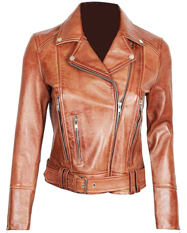 Glowrexs Margaret Brown Leather Asymmetrical Women's Slim Fit Biker Jacket