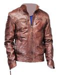 Glowrexs Mens Biker Coffee Brown Distressed Leather Jacket