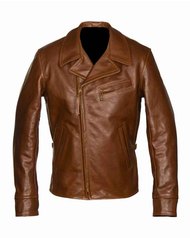 Mens Brown Lapel Collar Genuine Leather Biker Jacket
