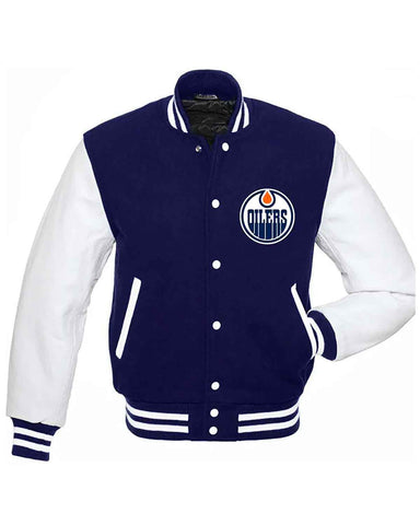 Glowrexs Edmonton Oilers Letterman Blue and White Jacket