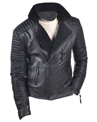 Mens Shearling Faux Fur Black Leather Biker Jacket
