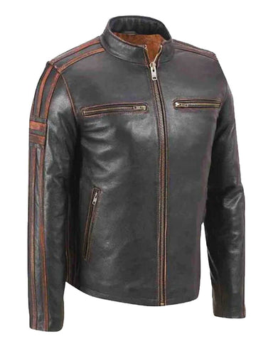 Glowrexs Men's Brown Stripe Café Racer Leather Jacket