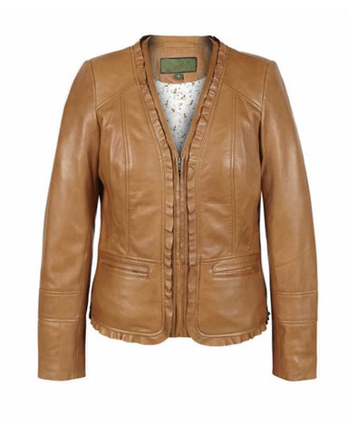 Glowrexs Women’s Motorcycle Gear V Neck Casual Tan Leather Biker Jacket