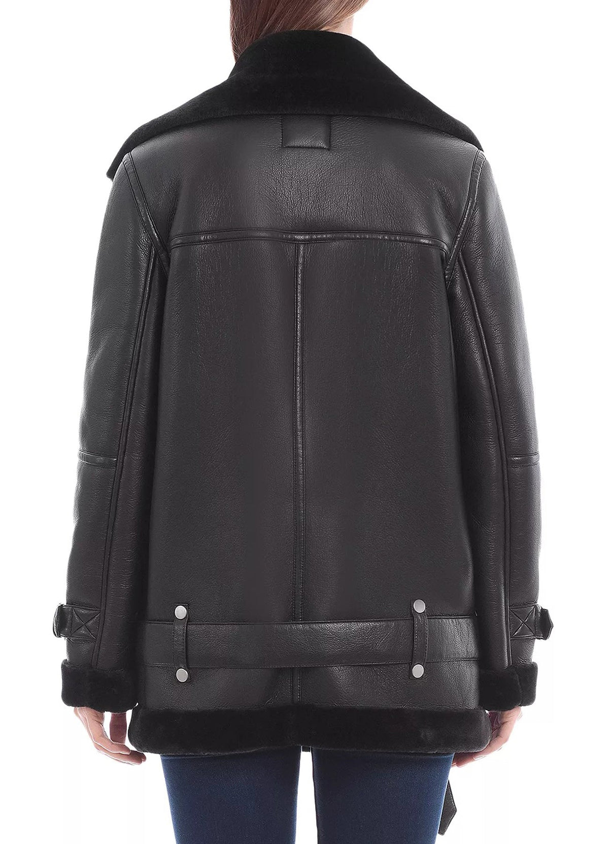 Womens Shine Black Shearling Leather Jacket