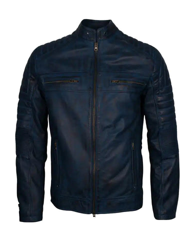 Glowrexs Blue Men’s Vintage Cafe Racer Genuine Leather Jacket