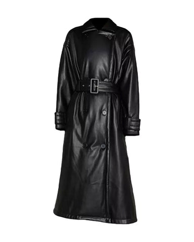 Glowrexs Womens Black Leather Trench Coat Double Breasted
