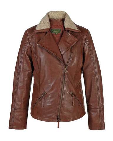Glowrexs Hana Women’s Rust Leather Flying Jacket With Faux Fur Collar