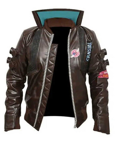 Glowrexs Cyberpunk 2077 Mens Brown Bomber Leather Jacket