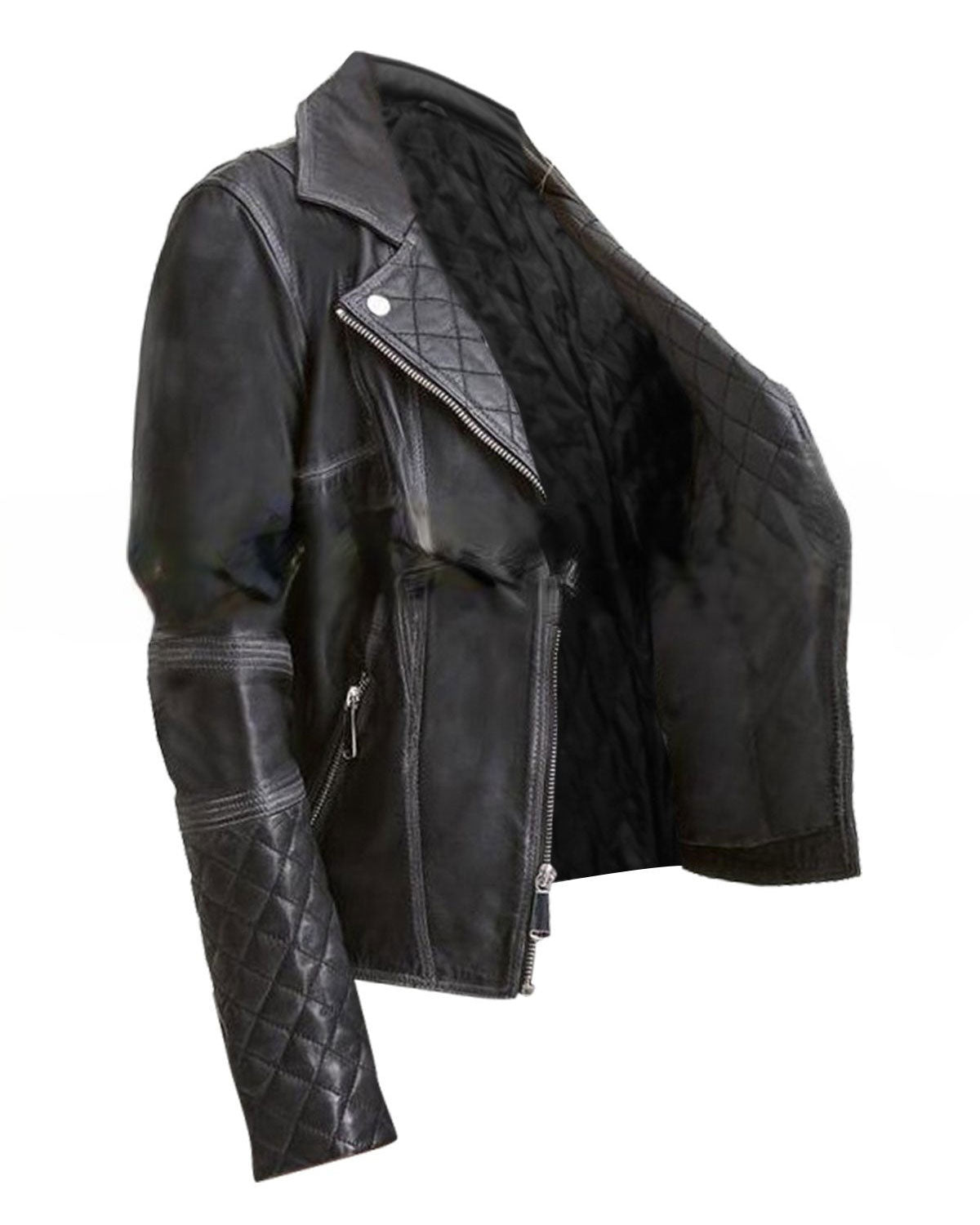 Glowrexs Womens Black Leather Biker Jacket Quilted and Slim Fit