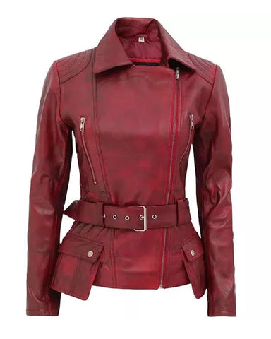 Glowrexs Women’s Maroon Belted Moto Leather Jacket