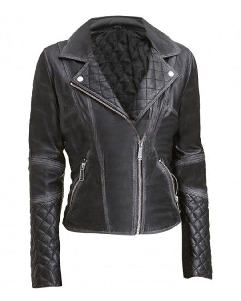 Glowrexs Womens Black Leather Biker Jacket Quilted and Slim Fit