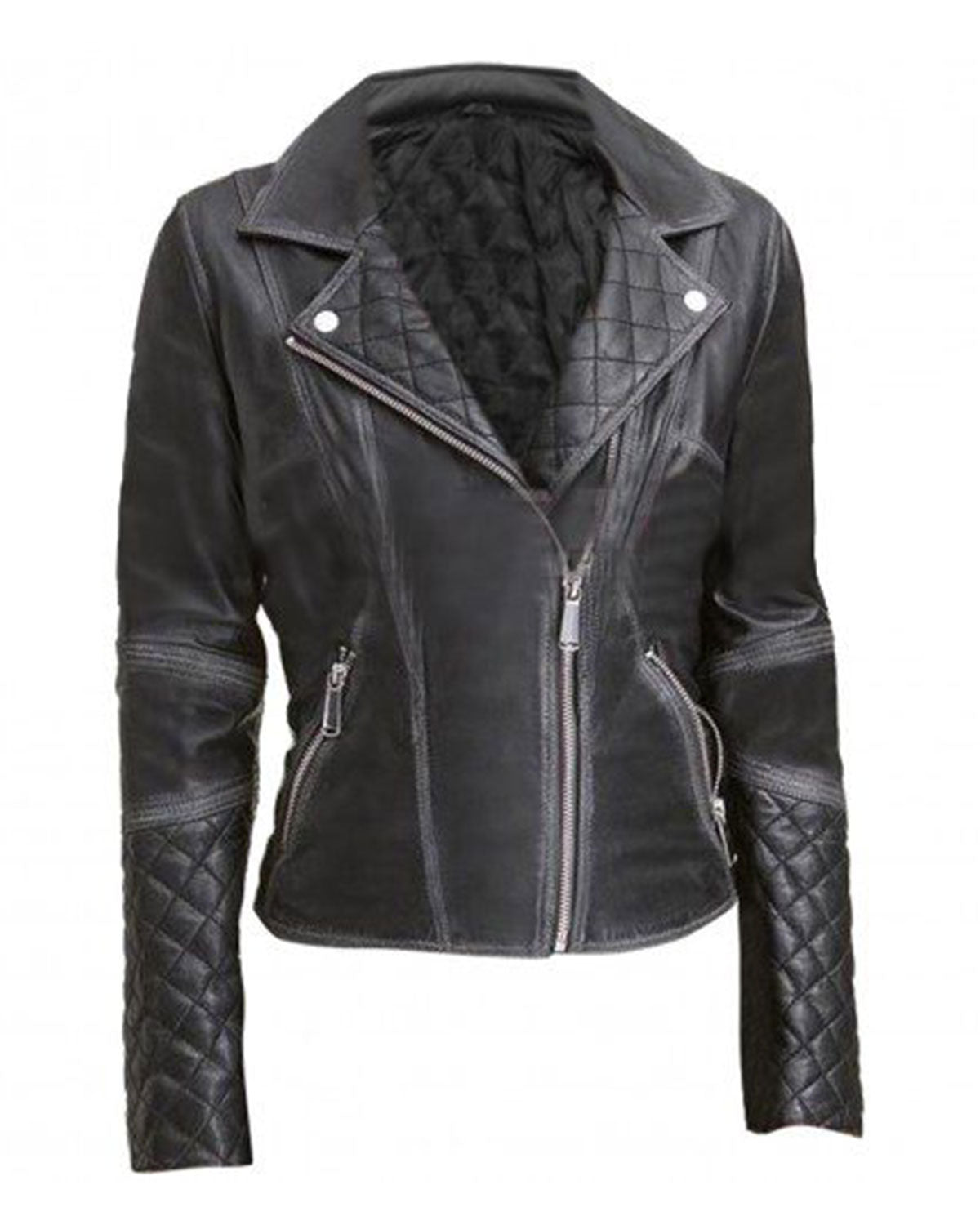 Glowrexs Womens Black Leather Biker Jacket Quilted and Slim Fit