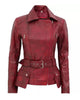 Glowrexs Women’s Maroon Belted Moto Leather Jacket
