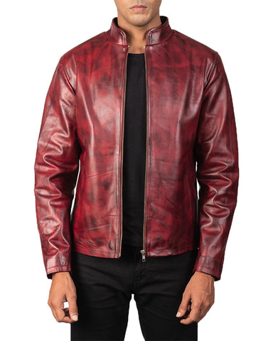 Glowrexs Mens Distressed Burgundy Biker Leather Jacket