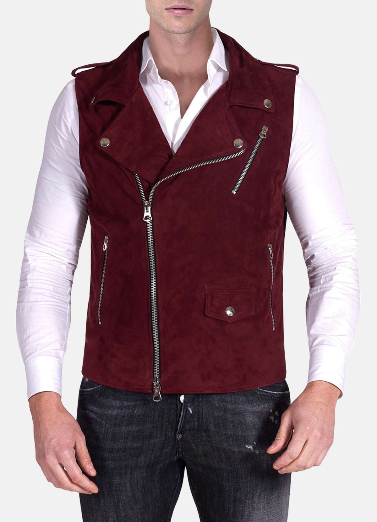 Mens Maroon Biker Suede Leather Vest
