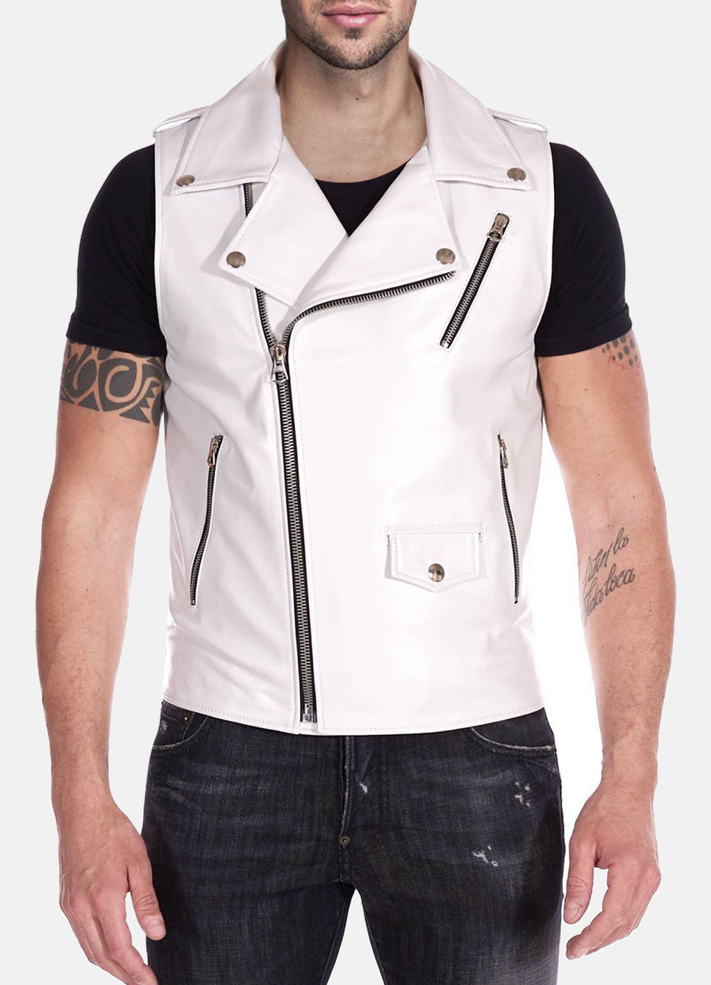 Mens White Perfecto Biker Leather Vest