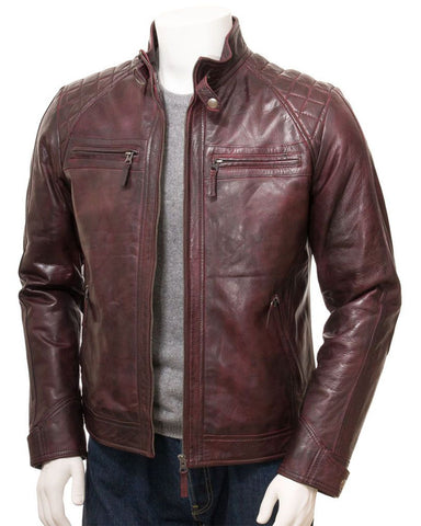 Glowrexs Men's Oxblood Quilted Shoulder Cafe Racer Biker Real Leather Jacket