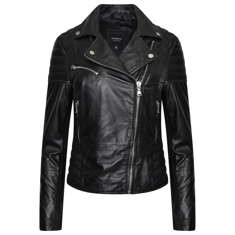 Glexo Women’s Real Leather Jacket with Ribbed Shoulders