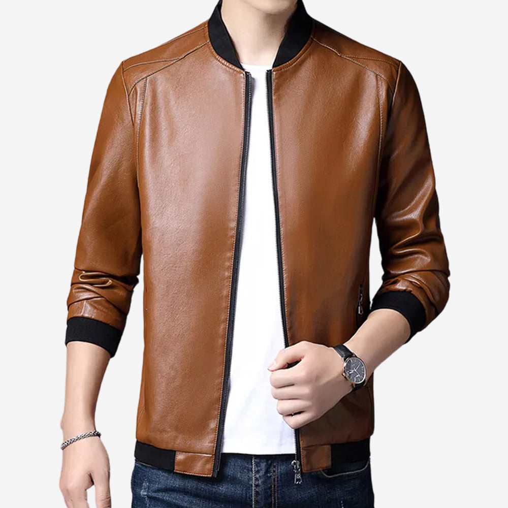 Roccao Mens Tan Leather Bomber Jacket