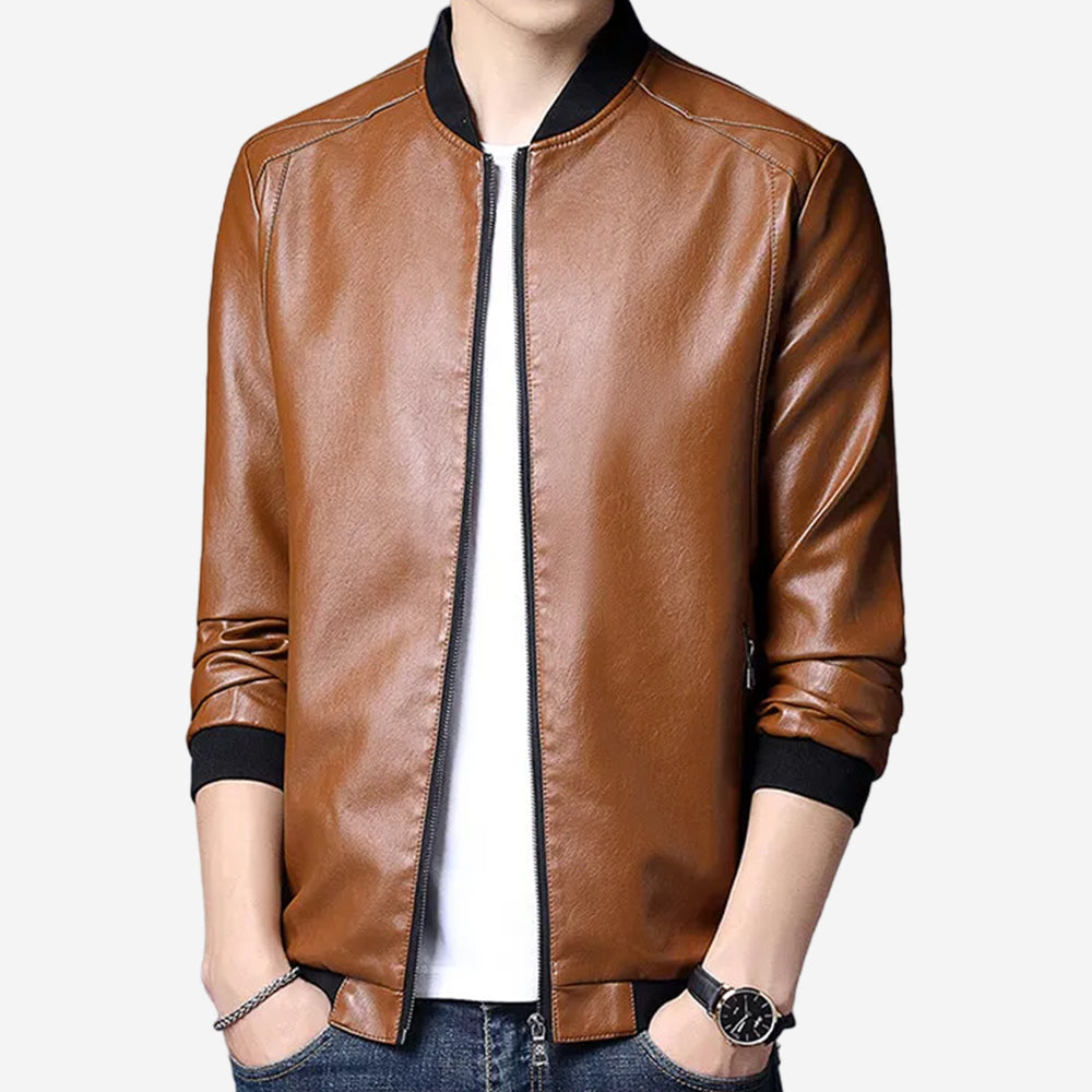 Roccao Mens Tan Leather Bomber Jacket