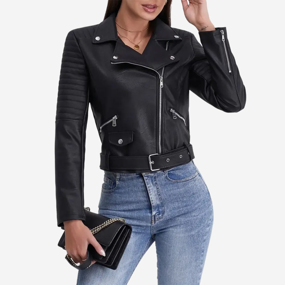 Adina Womens Black Leather Biker Jacket