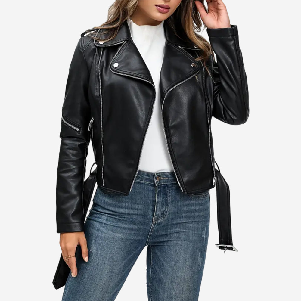 Womens Black Leather Moto Zinnia Biker Jacket