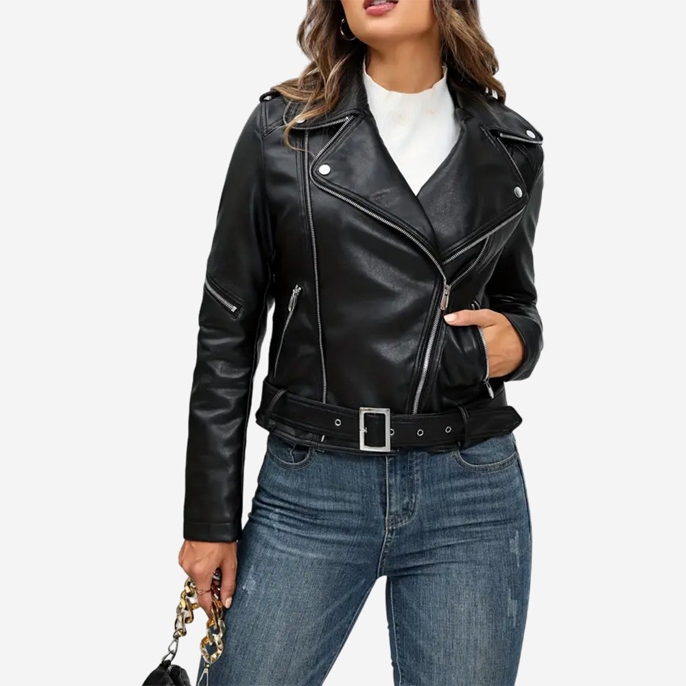 Womens Black Leather Moto Zinnia Biker Jacket