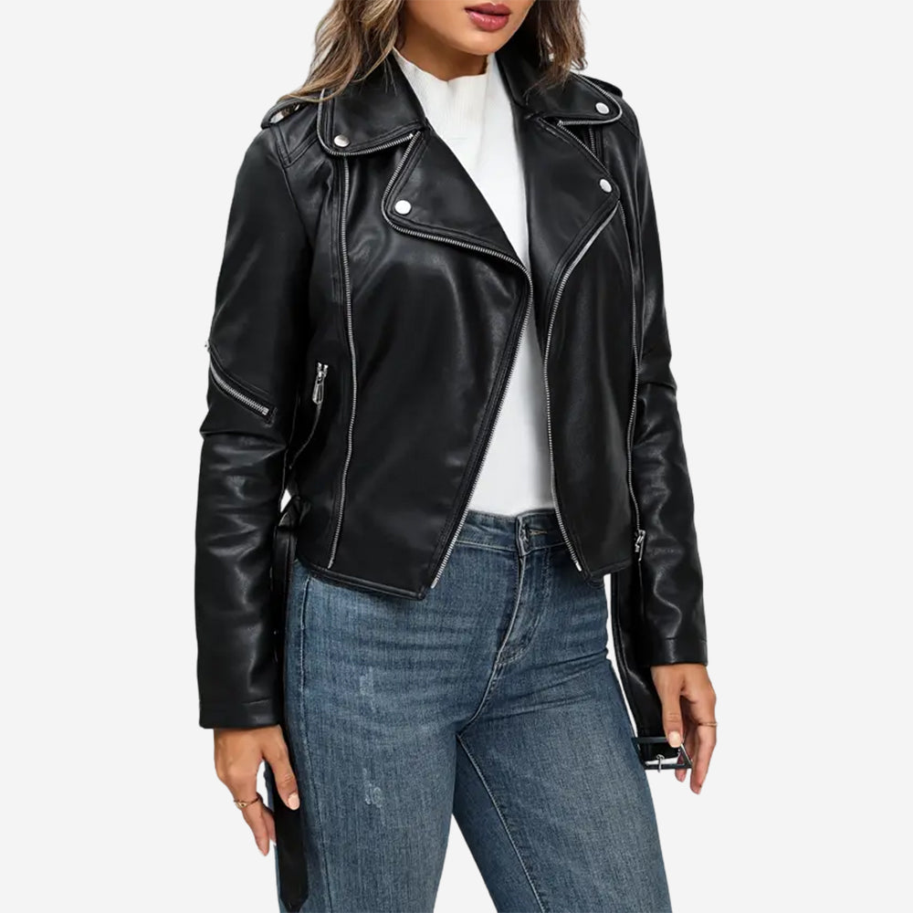 Womens Black Leather Moto Zinnia Biker Jacket