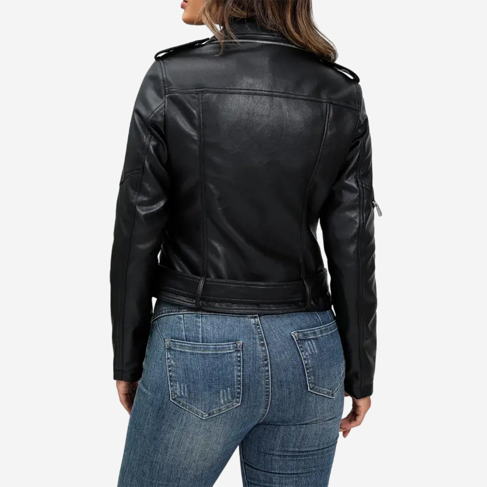 Womens Black Leather Moto Zinnia Biker Jacket