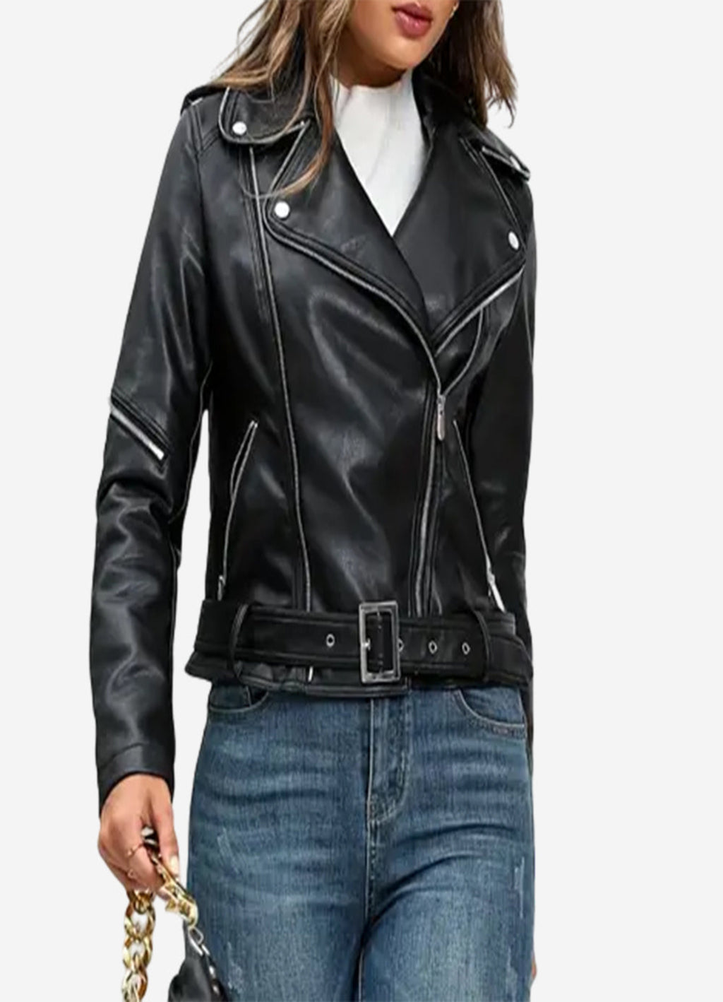 Womens Black Leather Moto Zinnia Biker Jacket