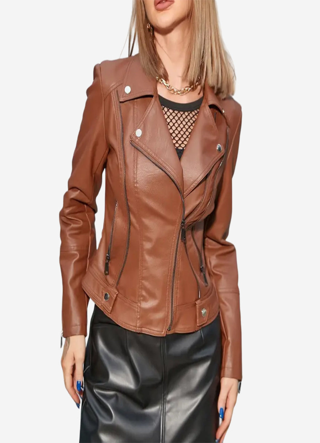 Womens Elsie Brown Leather Biker Jacket