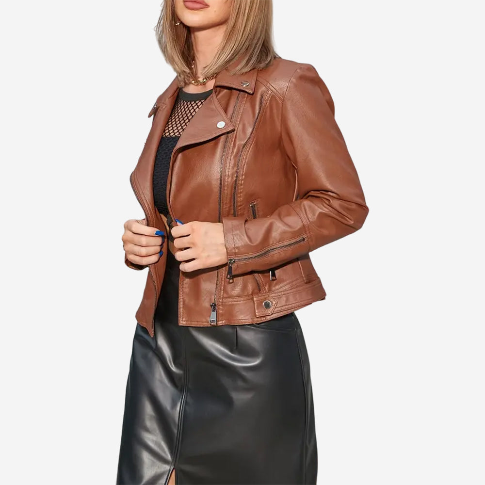 Womens Elsie Brown Leather Biker Jacket