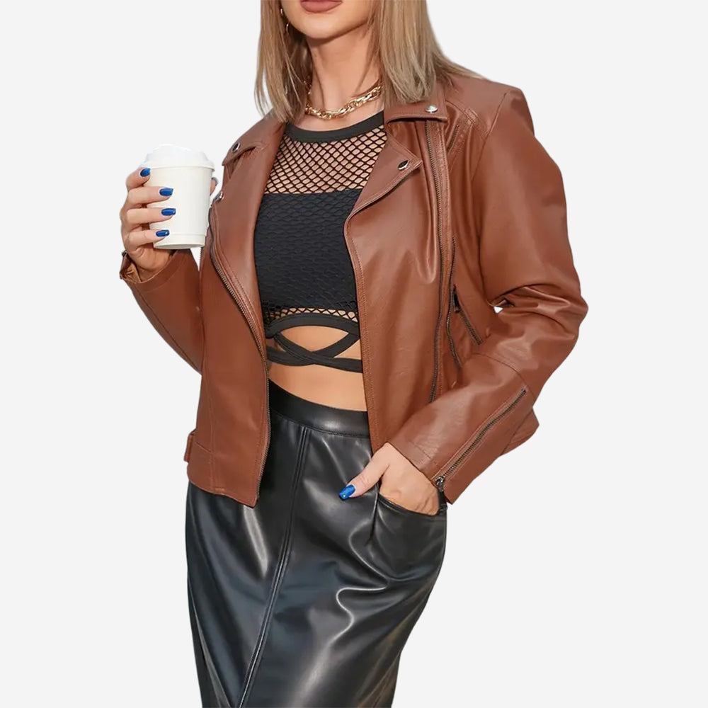 Womens Elsie Brown Leather Biker Jacket